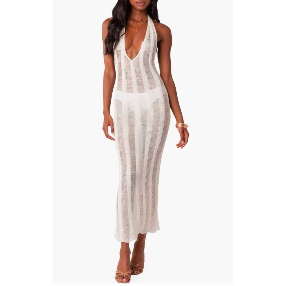 Edikted Kaylee Stripe Distressed Halter Dress